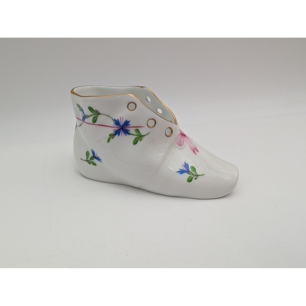 Herend Hungary Porcelain Baby Shoe Figurine White Floral Gold Trim